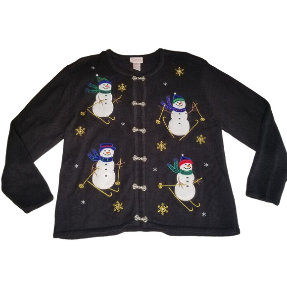 Crystal Kobe Snowman Skiing Ugly Christmas Cardigan Sweater Black Silver Medium - Picture 1 of 11
